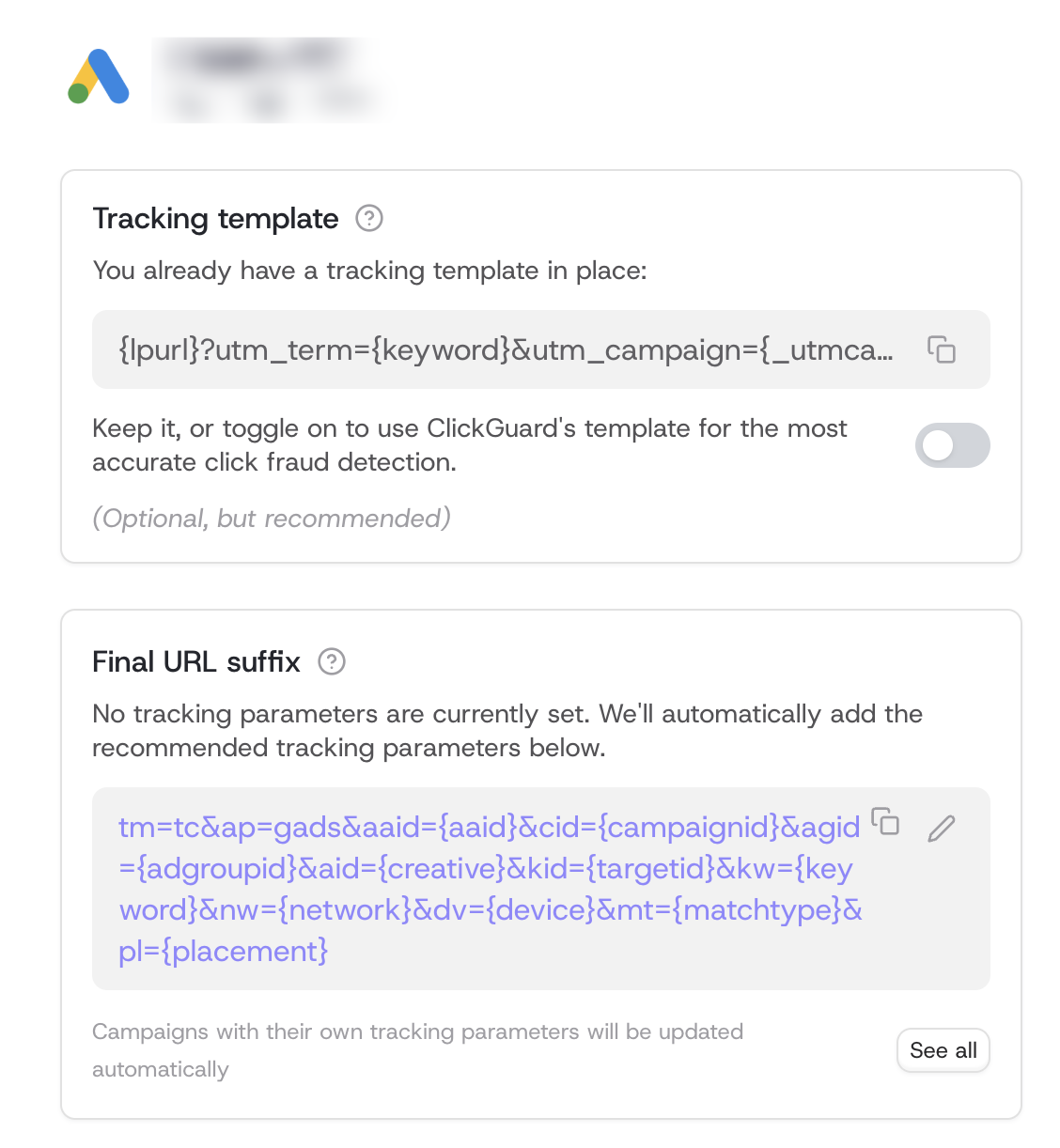 The ad click tracking step, showing the tracking template and final URL suffix ClickGuard will set up