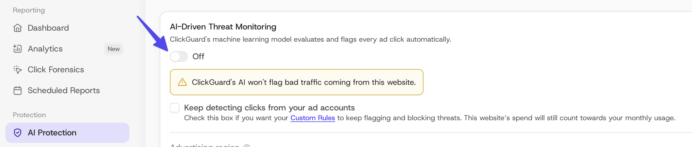 AI-Driven Threat Monitoring switched off on ClickGuard's AI Protection page, with the Keep detecting clicks from your ad accounts option