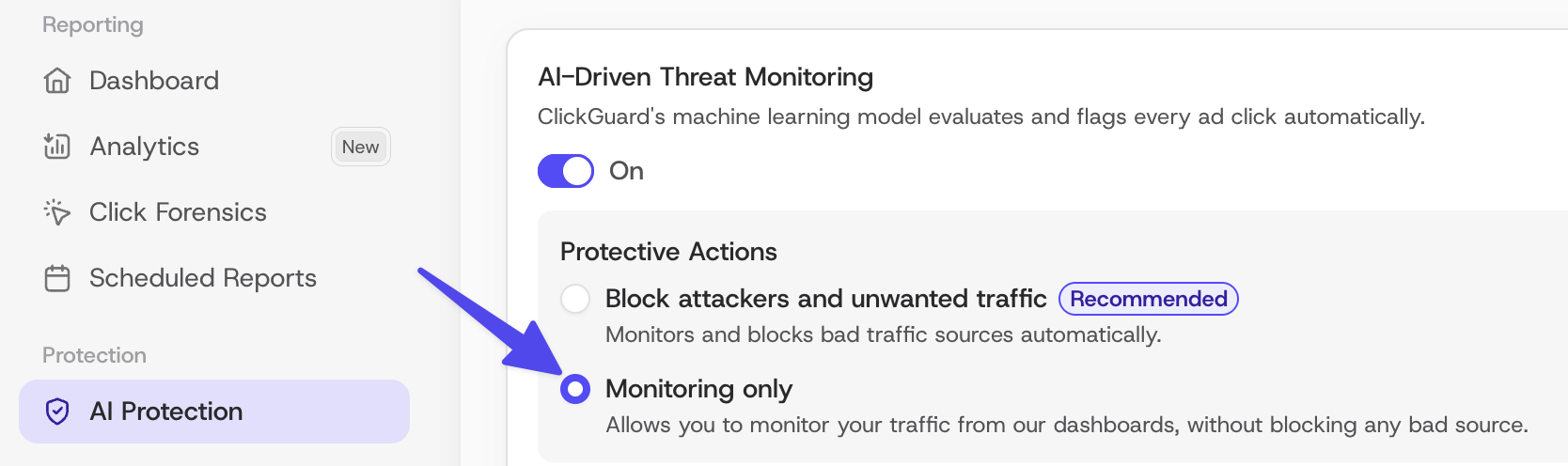 Monitoring only selected under Protective Actions on ClickGuard's AI Protection page