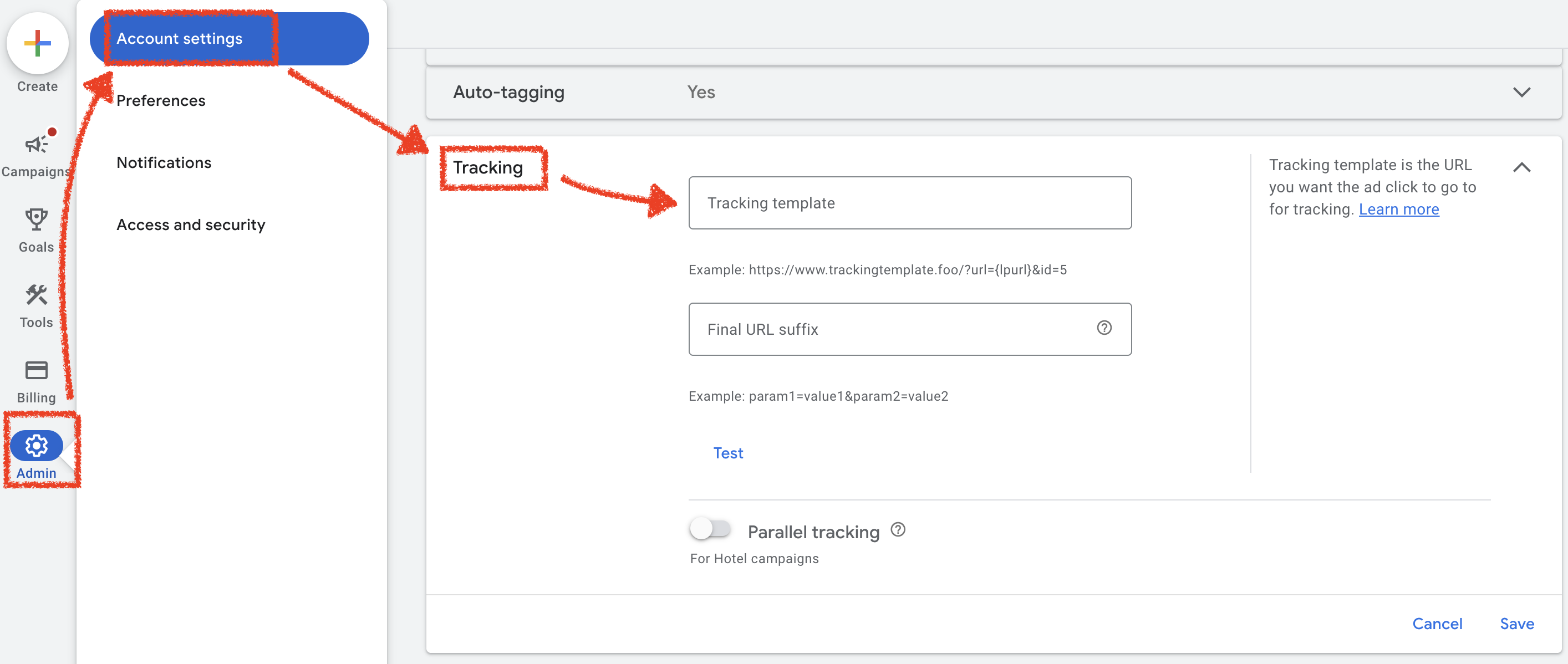 ClickGuard's tracking template and final URL suffix in Google Ads account-level tracking settings