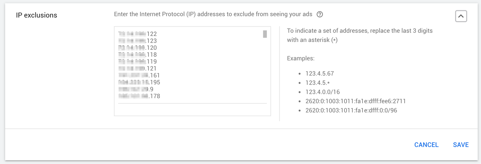 IP exclusions list in Google Ads campaign settings
