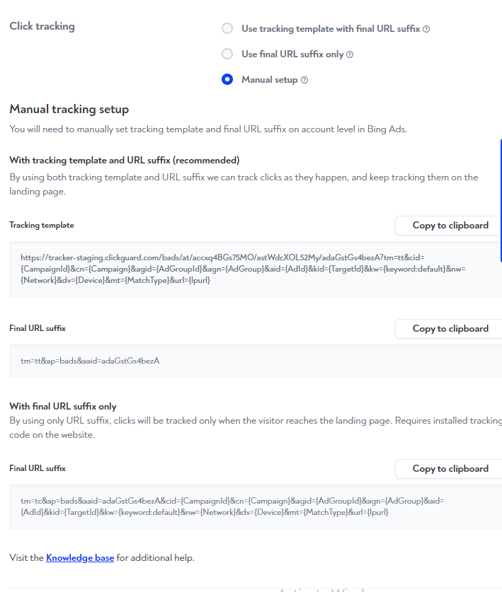 Manual click tracking setup in ClickGuard with the tracking template code to copy