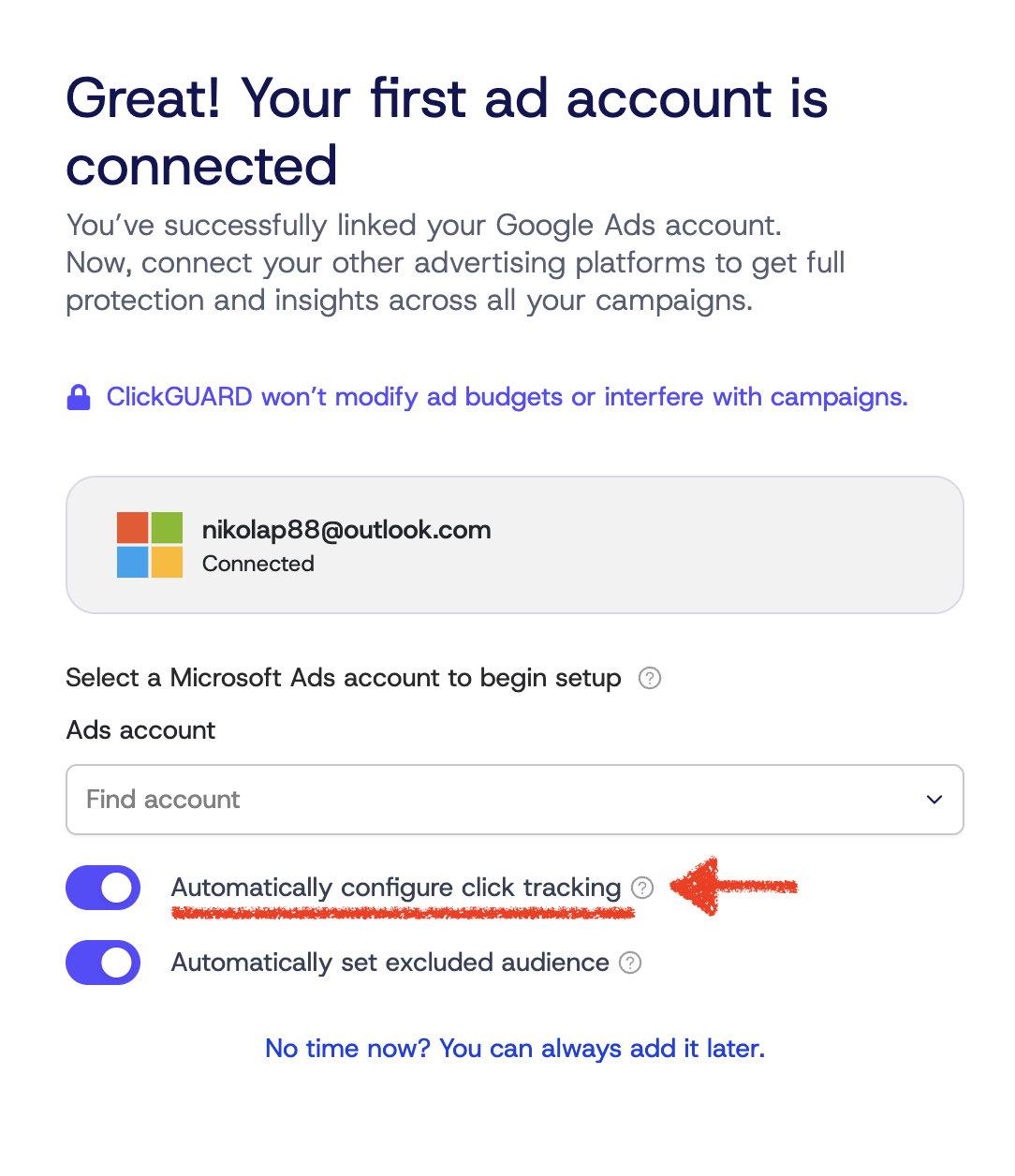 Automatically configure click tracking option when linking a Microsoft Ads account
