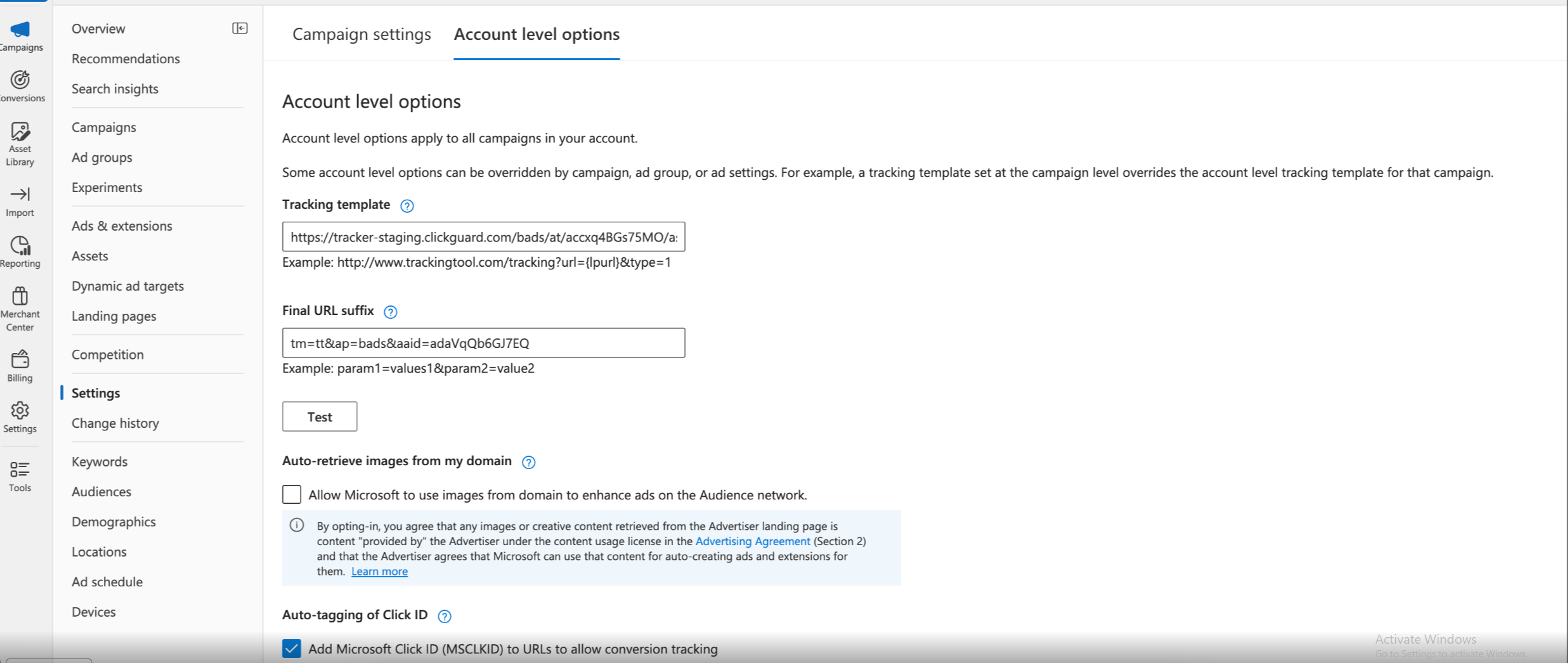 ClickGuard's tracking template in the account-level Tracking Template field in Microsoft Ads