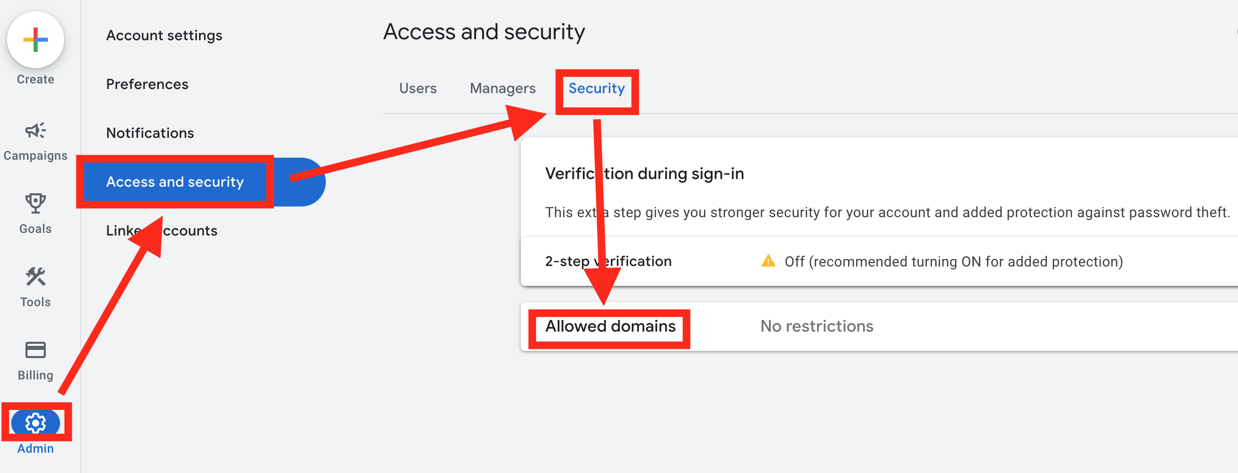 Allowed domains under Access and security in Google Ads Admin