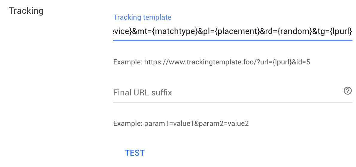 The Test link under Tracking in Google Ads settings
