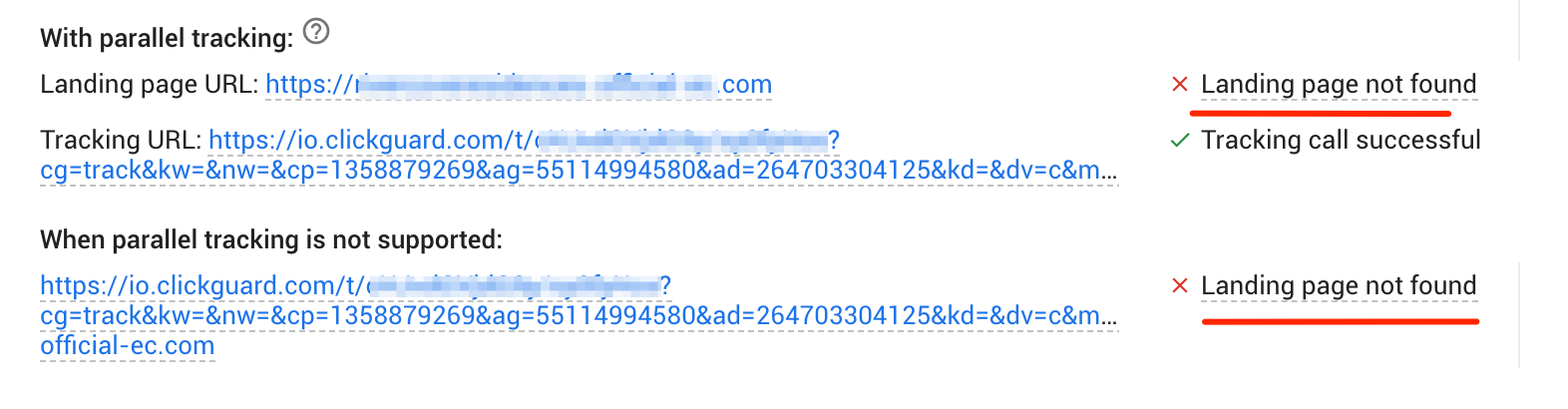 A failed tracking test in Google Ads