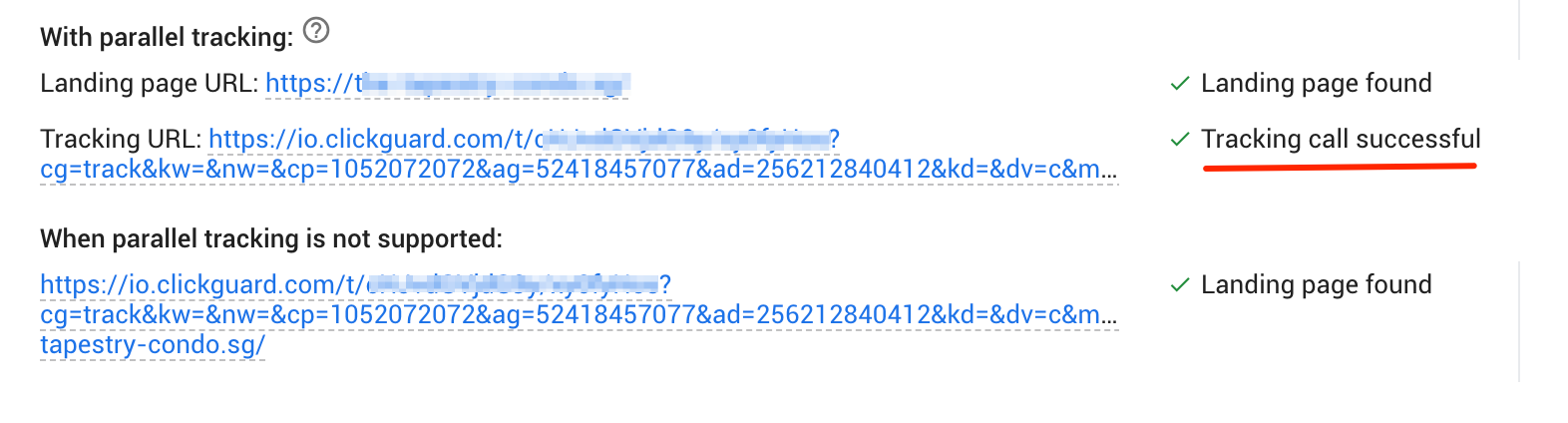 A successful tracking test in Google Ads