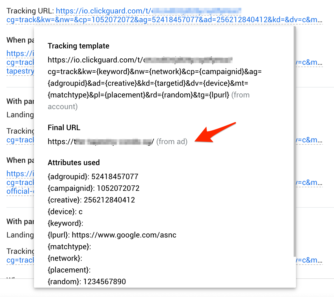 The tracking trail shown when hovering over the tracking template URL