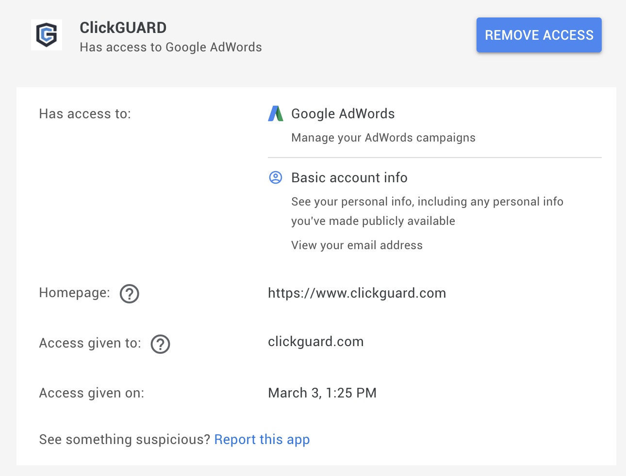 Remove Access for ClickGuard in a Google account's third-party apps