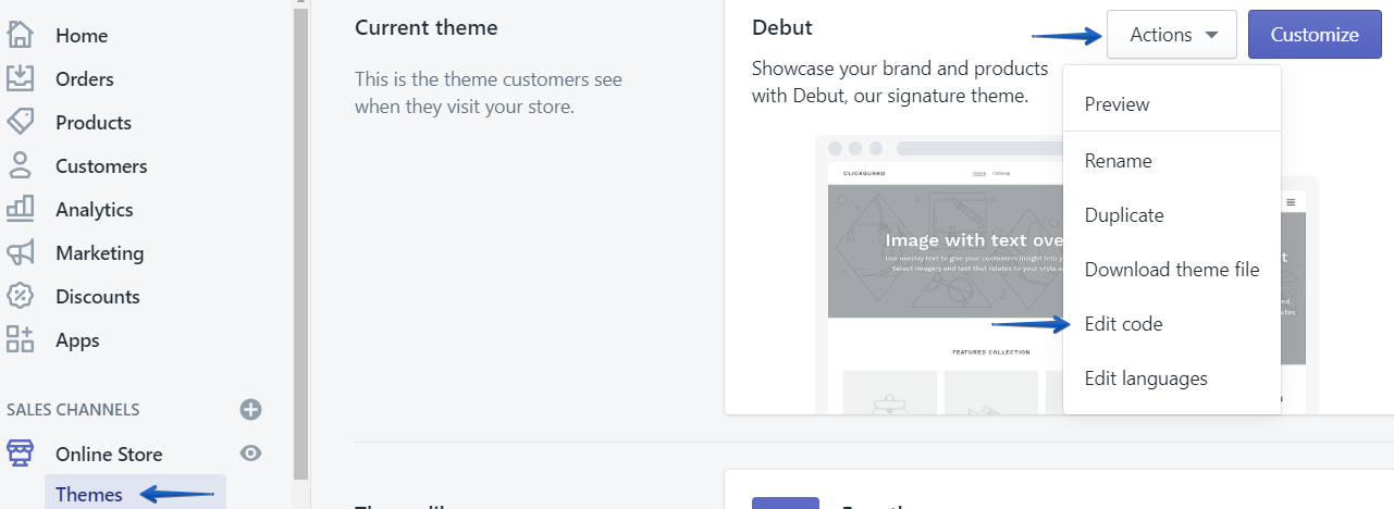 Edit code in the theme actions