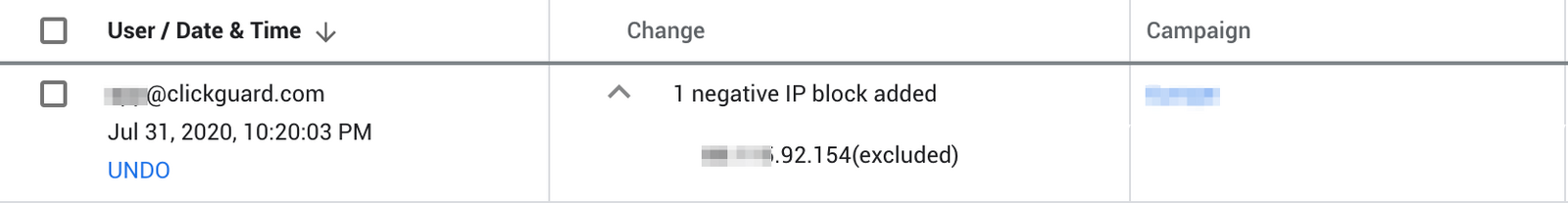 IP exclusion made by ClickGuard in Google Ads Change history