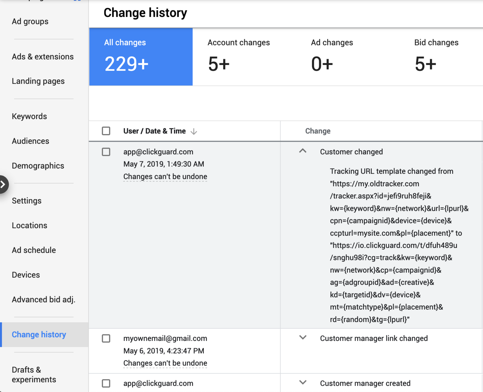 Changes made by ClickGuard in Google Ads Change history