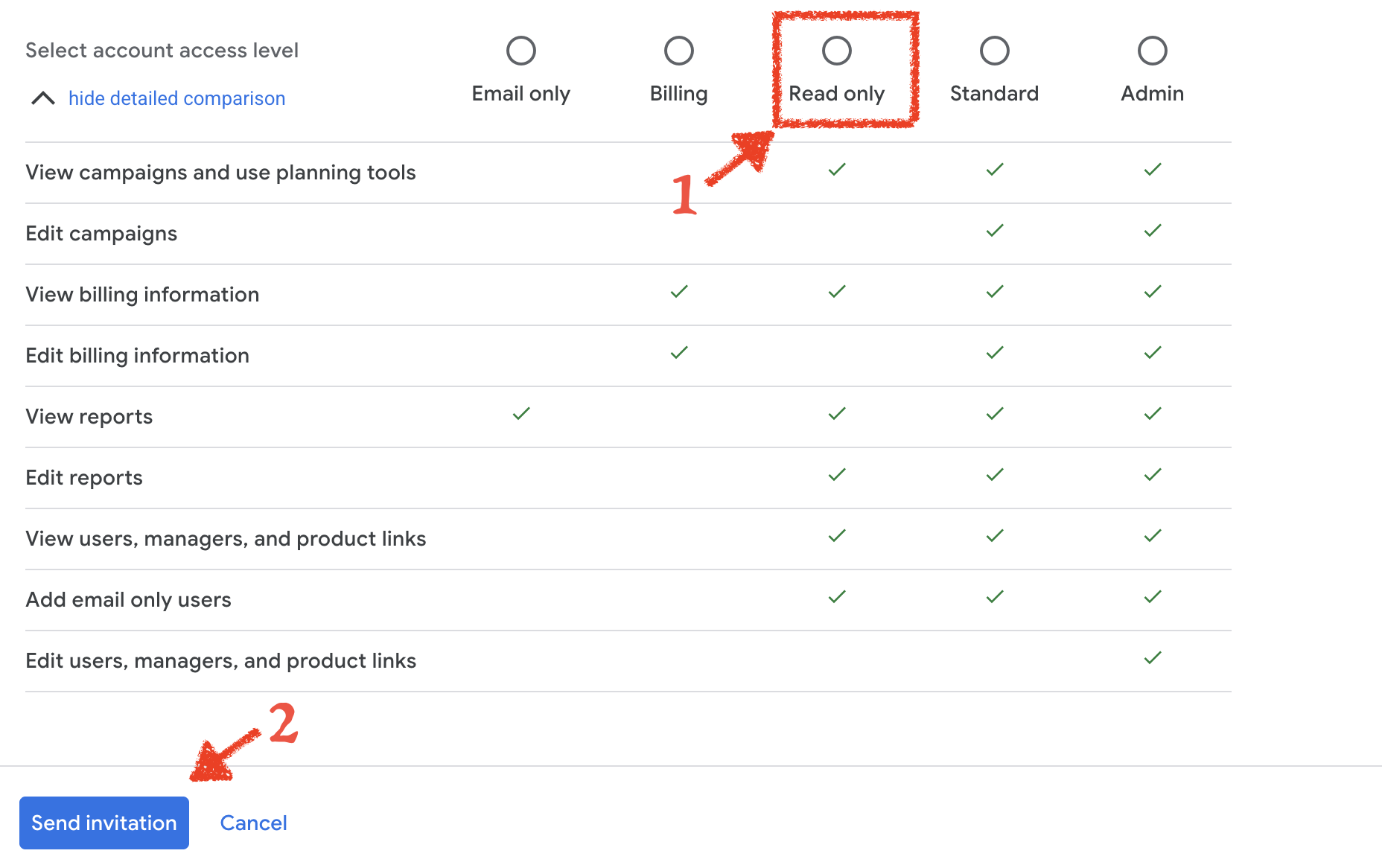 Inviting support@clickguard.com with Read only access in Google Ads