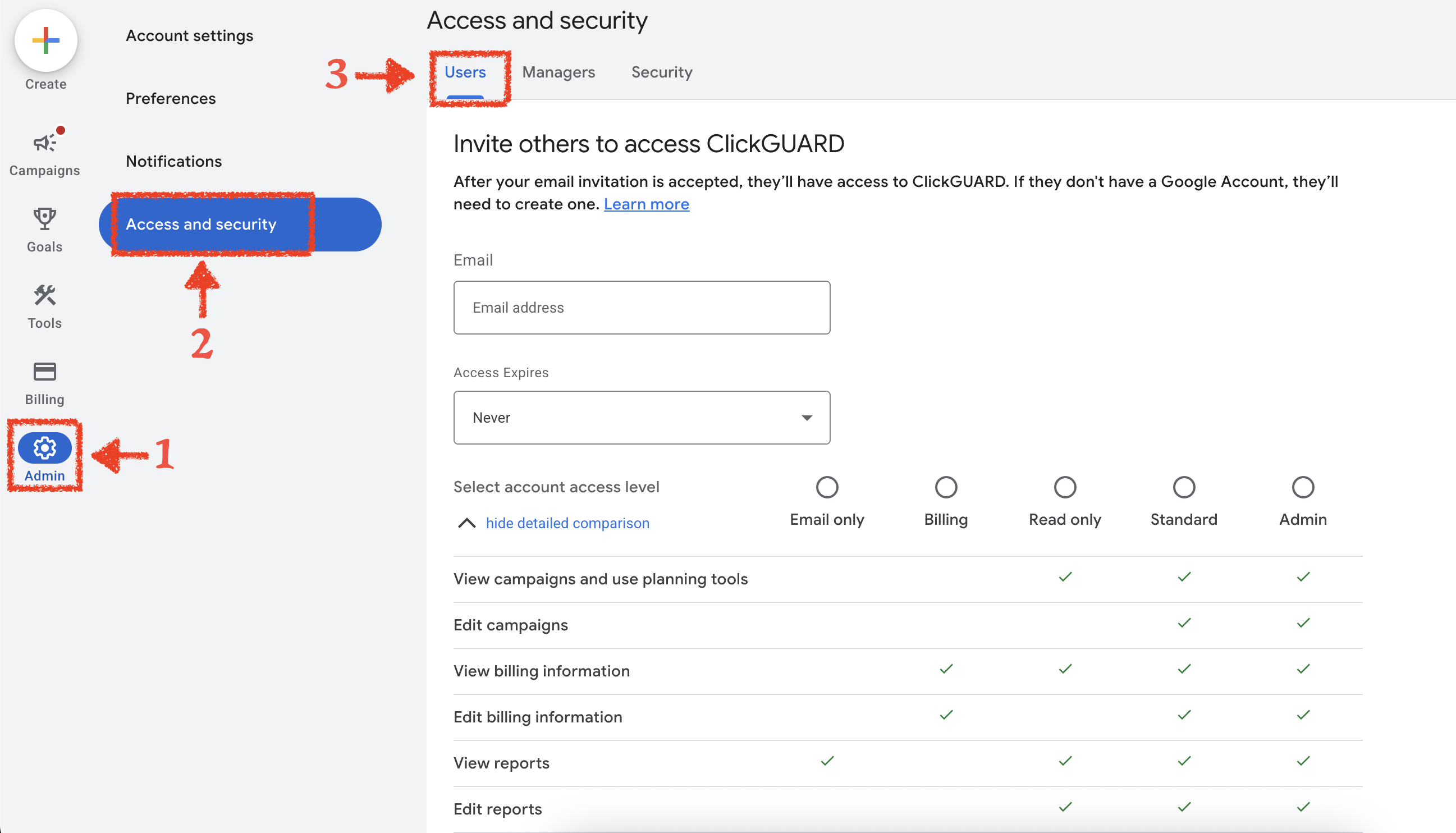 Users page under Access and security in Google Ads Admin