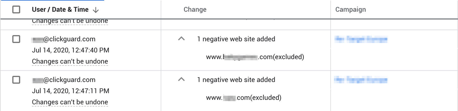 Ad placement exclusion made by ClickGuard in Google Ads Change history