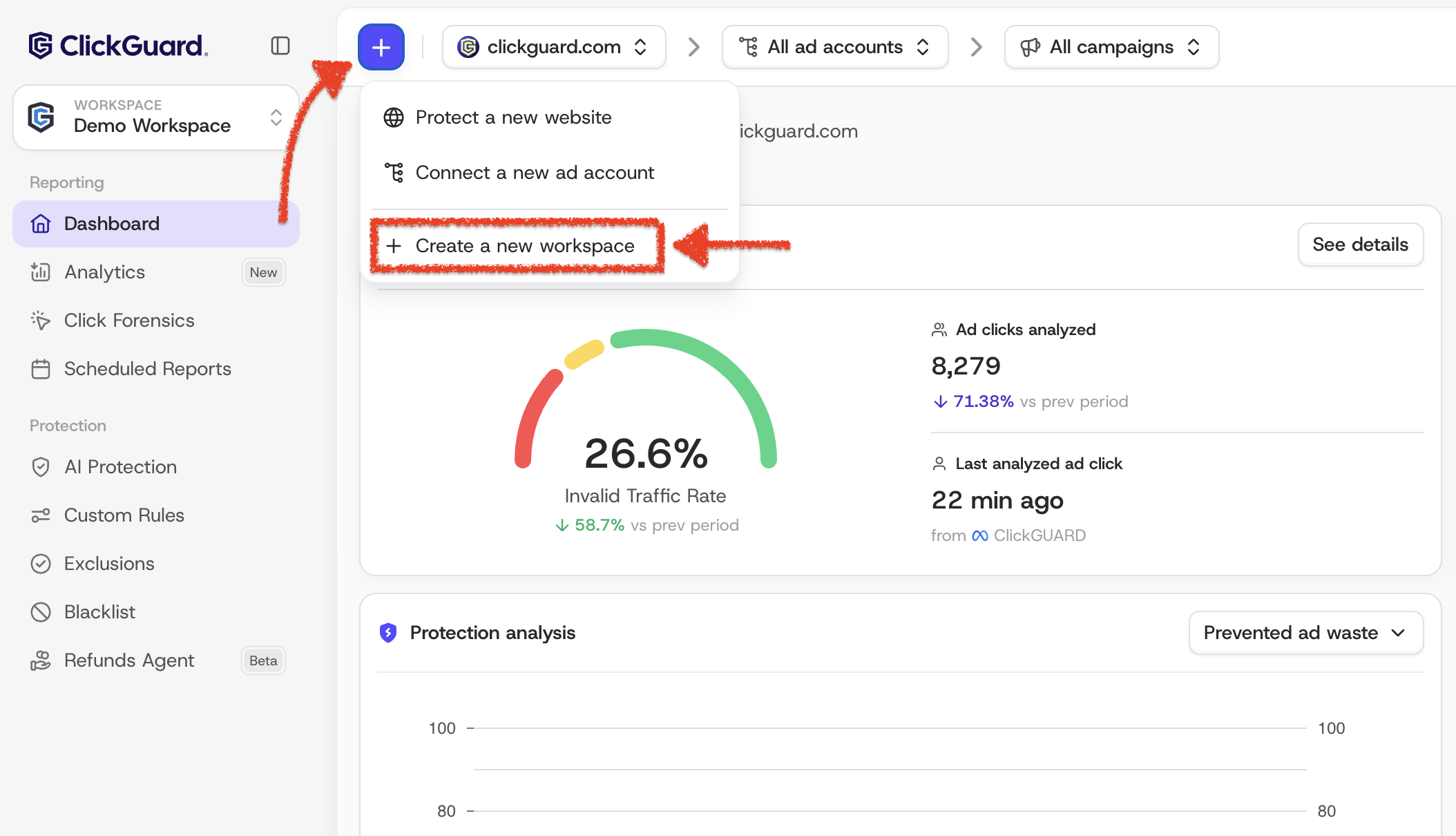 Create a new workspace in the + menu