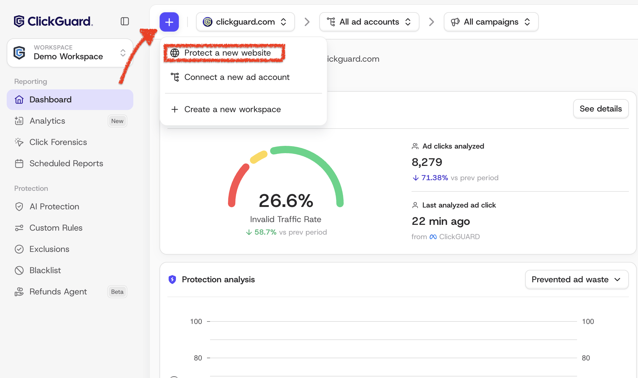 The + menu with Protect a new website