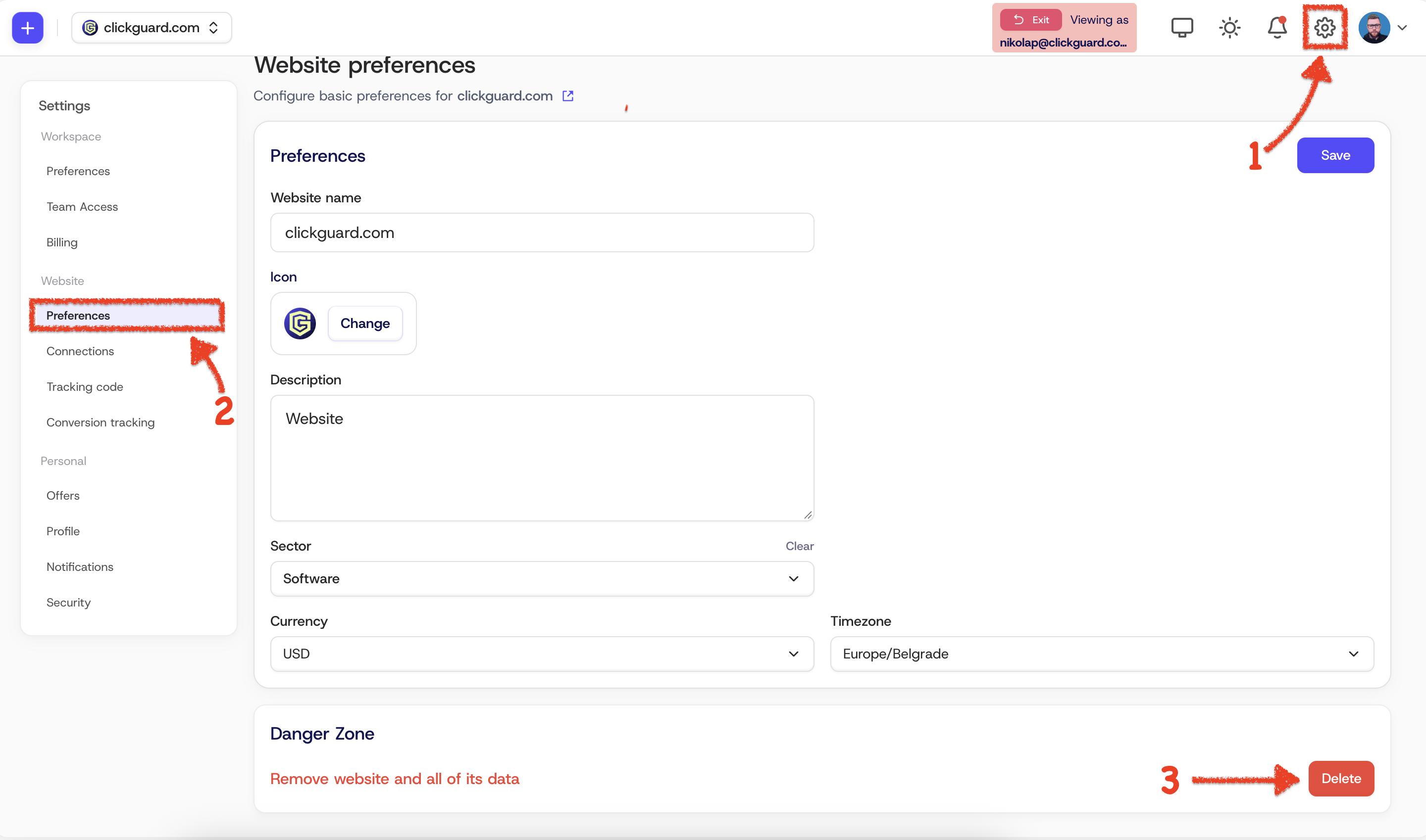 Website Preferences with the Delete button