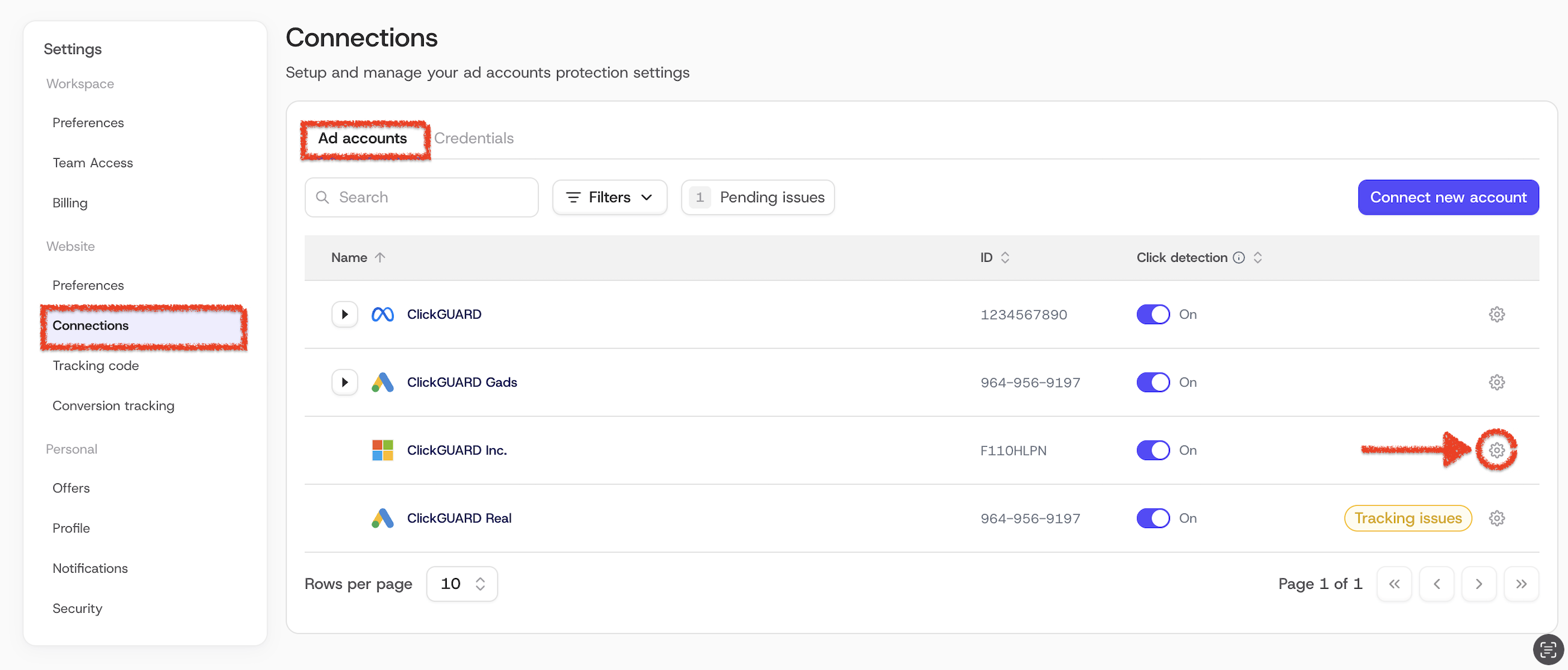 Configuration button for a Microsoft Ads account in ClickGuard's Connections