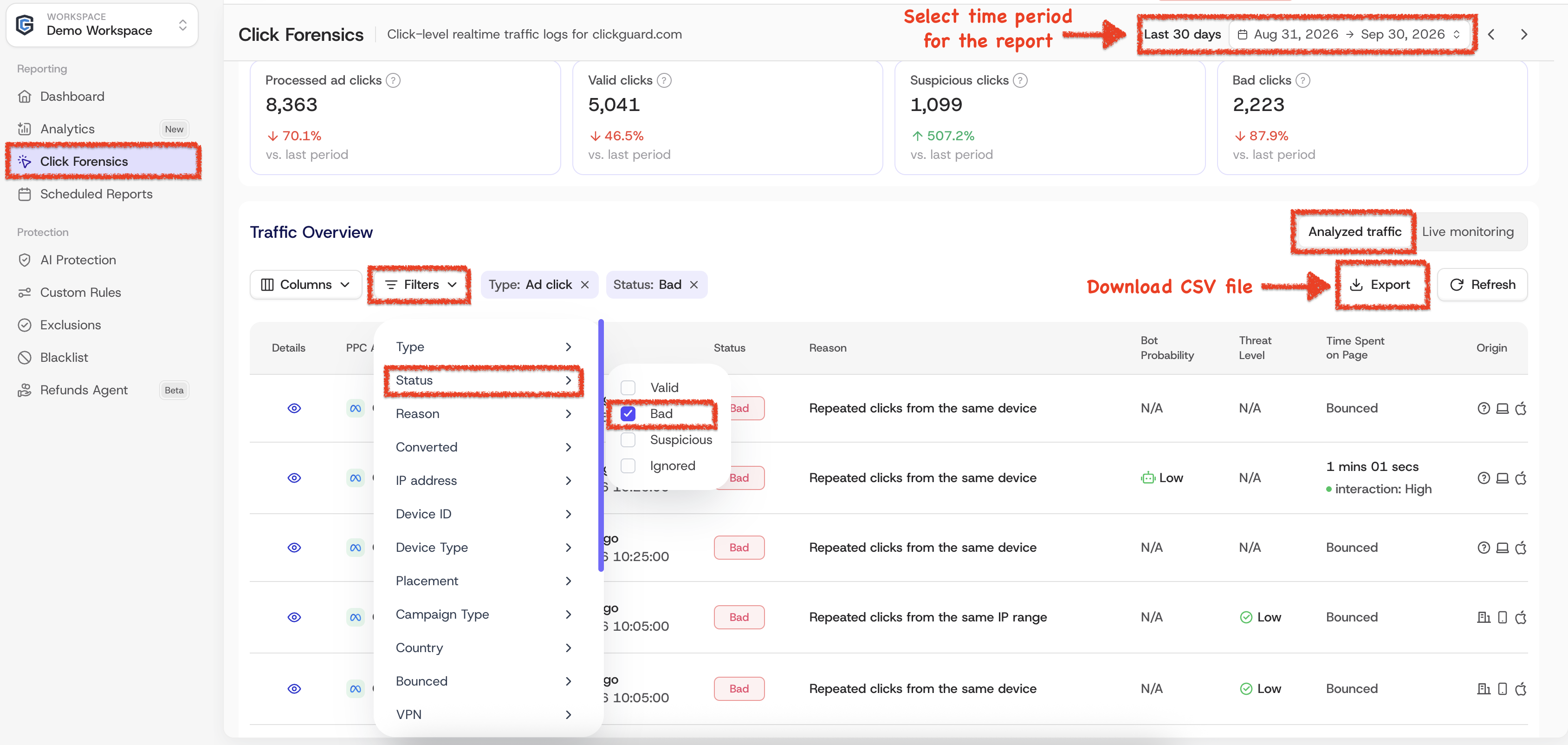 Bad clicks filtered on ClickGuard's Click Forensics page, ready to export as CSV