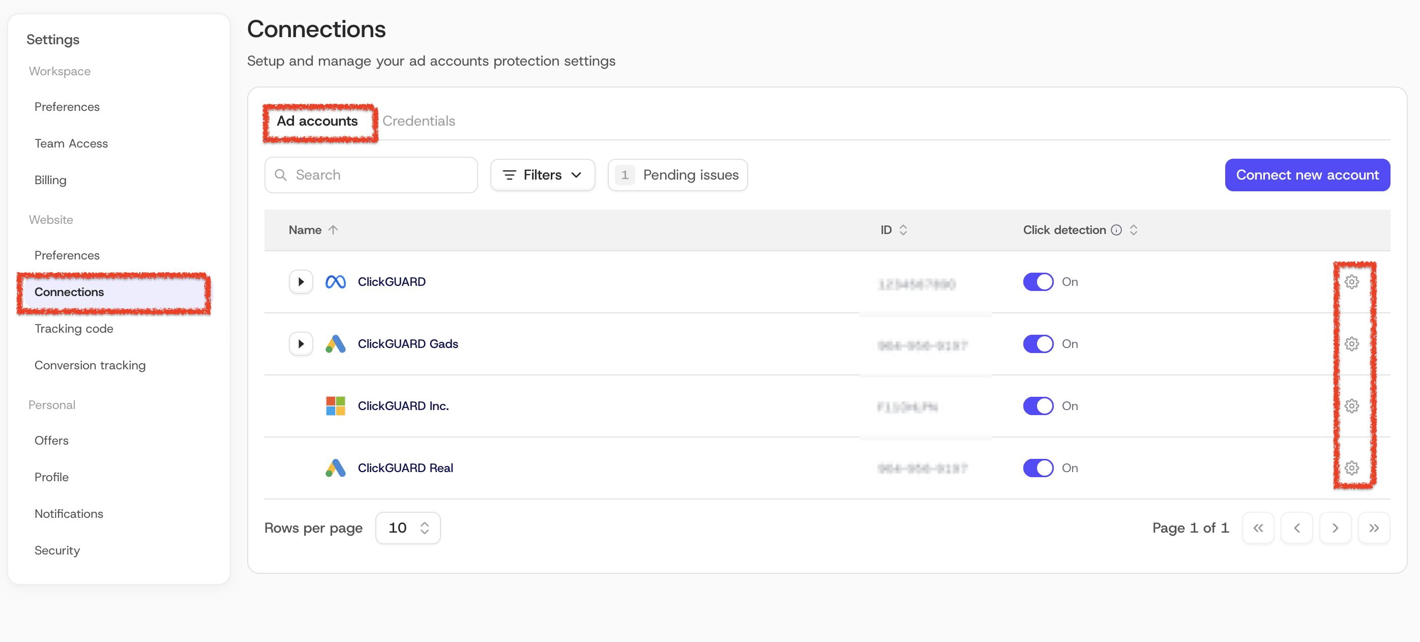 The Synchronize button in the ad account settings