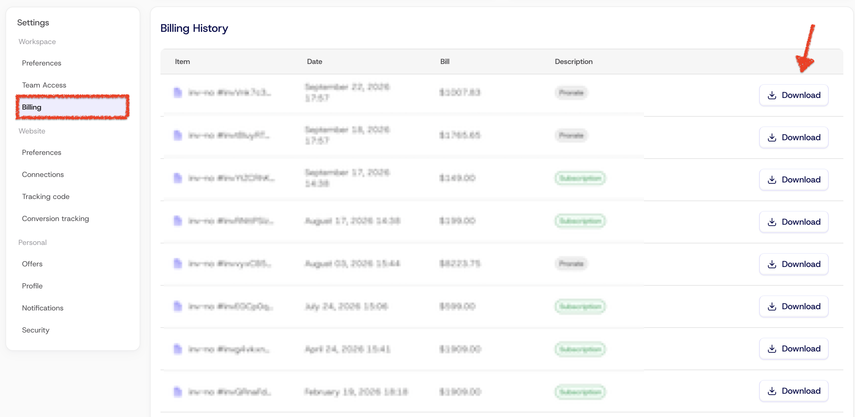 Billing history in ClickGuard with a Download button for each invoice
