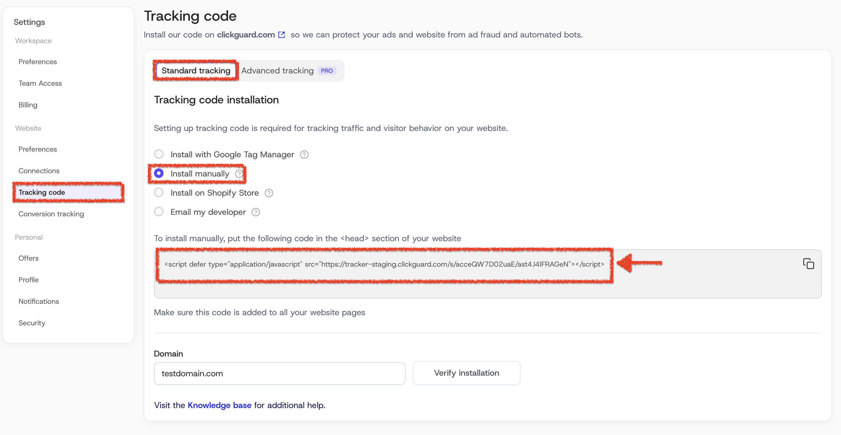Install manually option under Standard tracking in ClickGuard tracking code settings