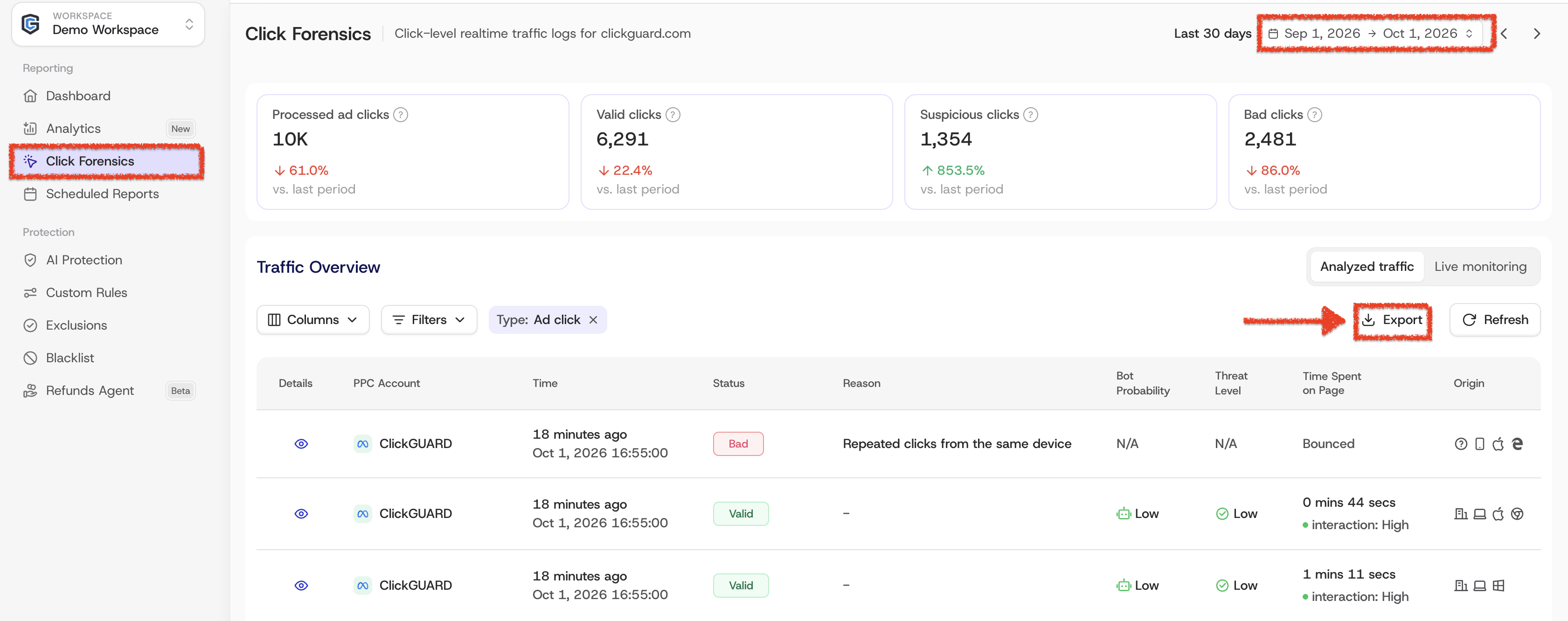 Export button above the data table on ClickGuard's Click Forensics page