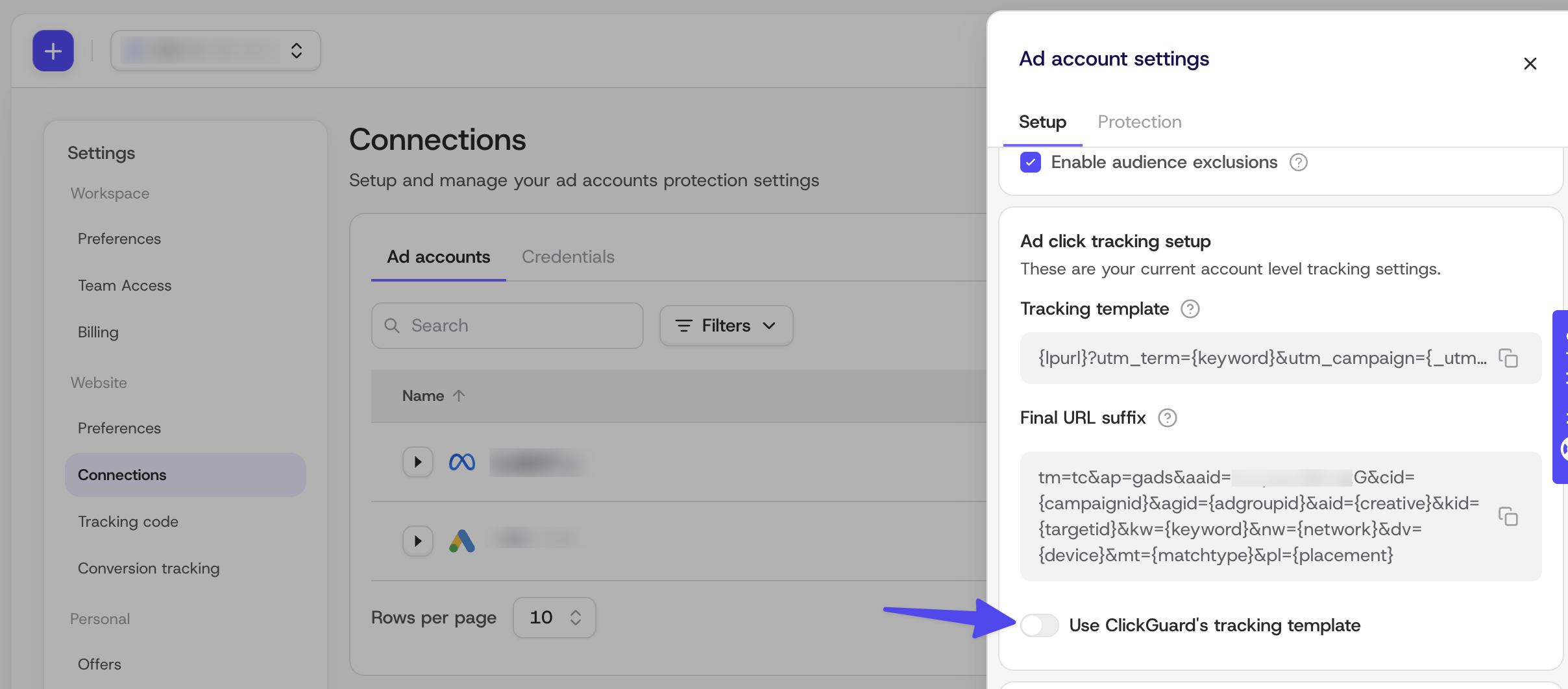 Ad account settings for a Google Ads account, with the Ad click tracking setup section showing the current tracking template, final URL suffix and the Use ClickGuard's tracking template toggle