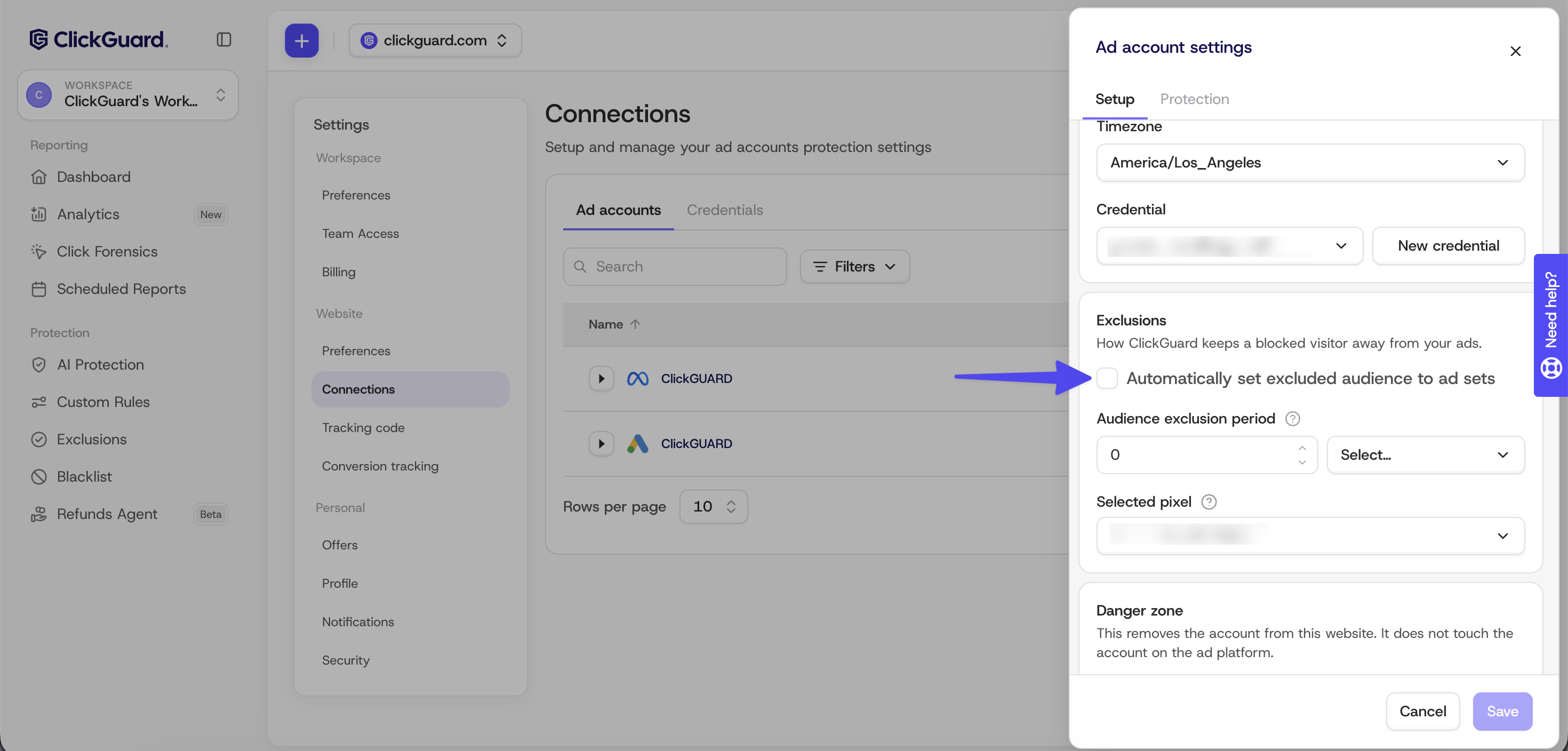 Ad account settings for a Meta Ads account, with Automatically set excluded audience to ad sets unchecked under Exclusions