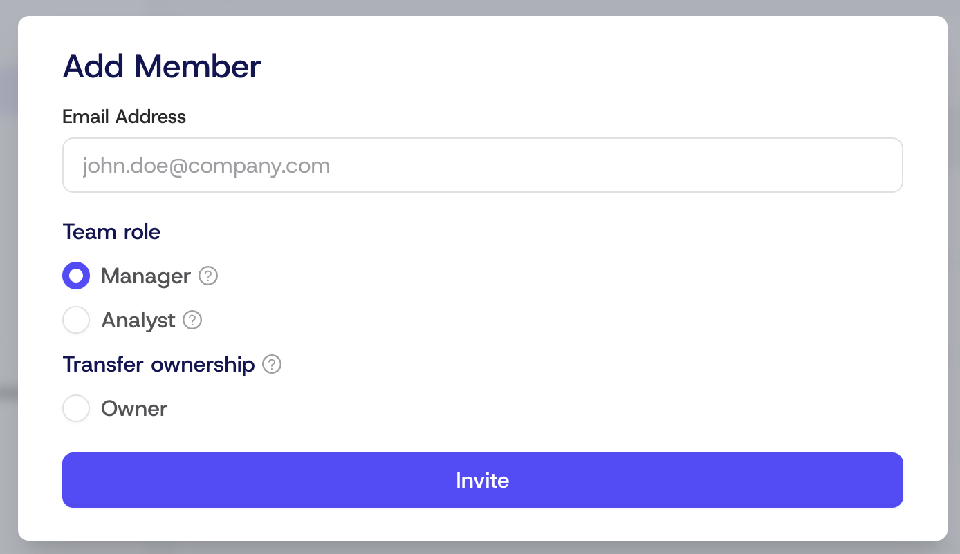 The Add Member dialog with the email address, team role and Invite button