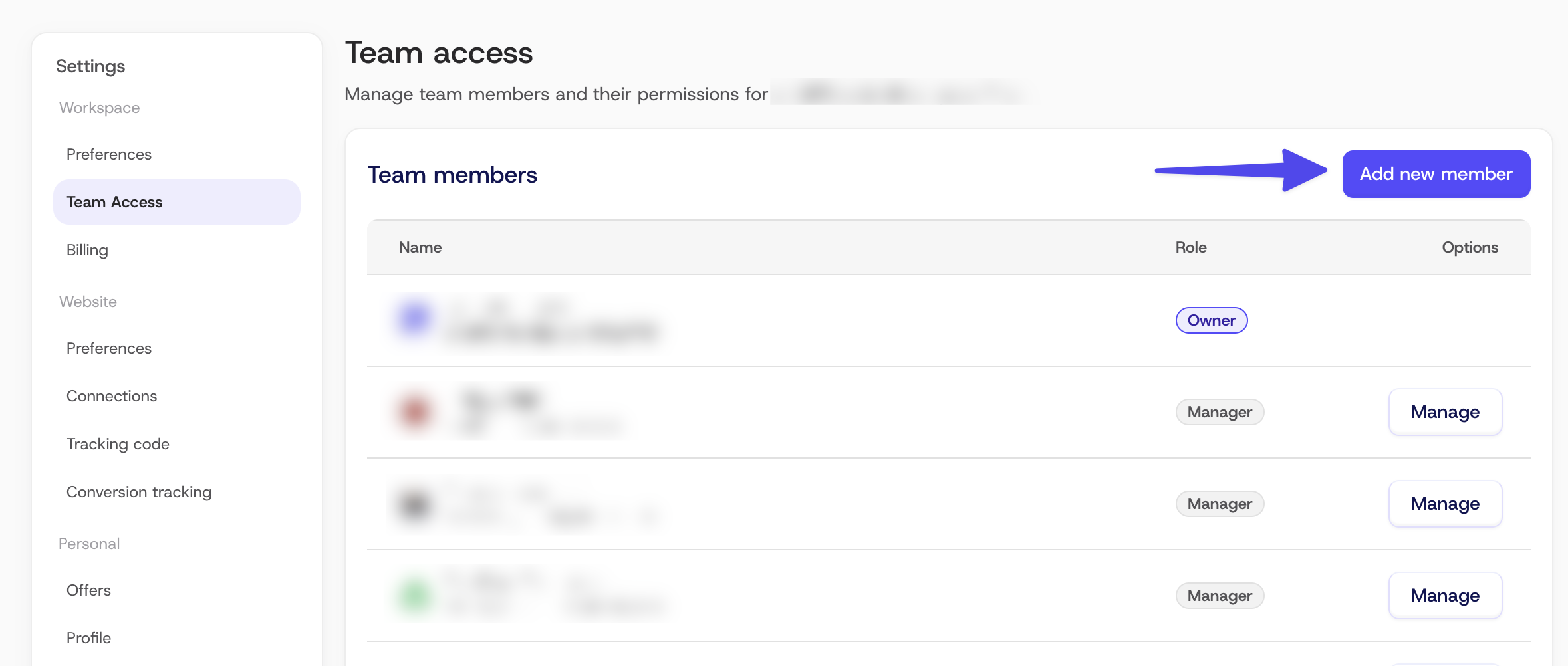 Team access settings with the Add new member button