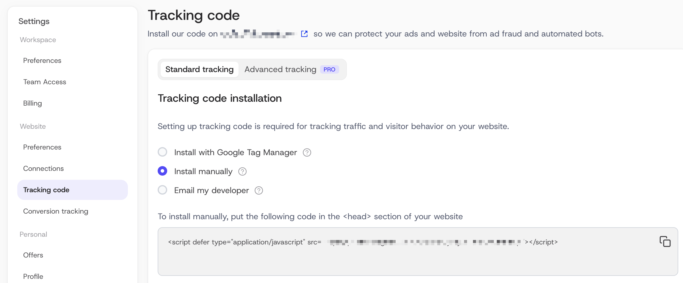 Tracking code manual installation page