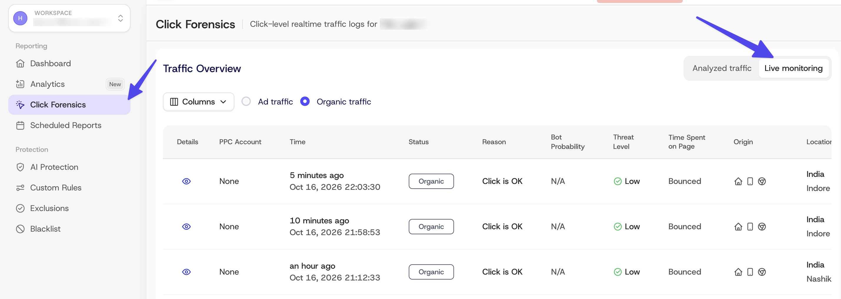 Organic traffic in the Live monitoring tab of ClickGuard's Click Forensics page