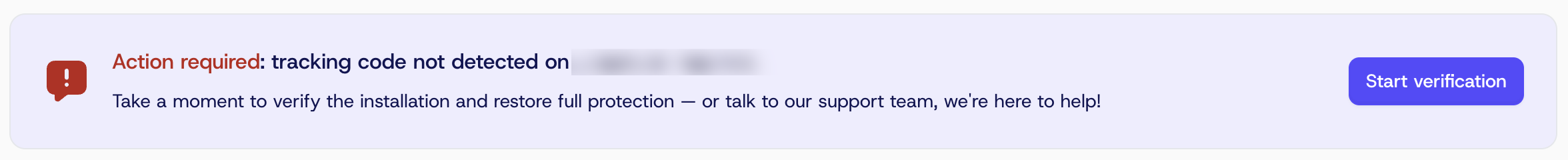 ClickGuard's Action required banner saying the tracking code wasn't detected