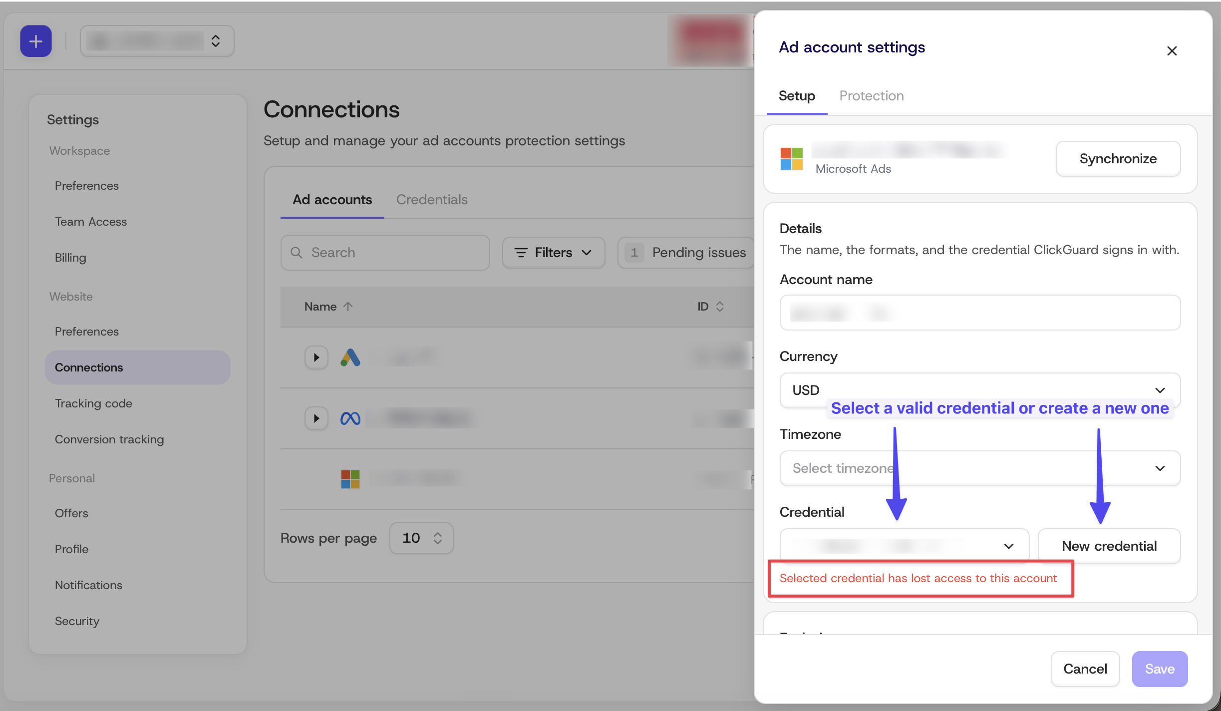 Connections page with the disconnected account settings open, pointing to the credential field