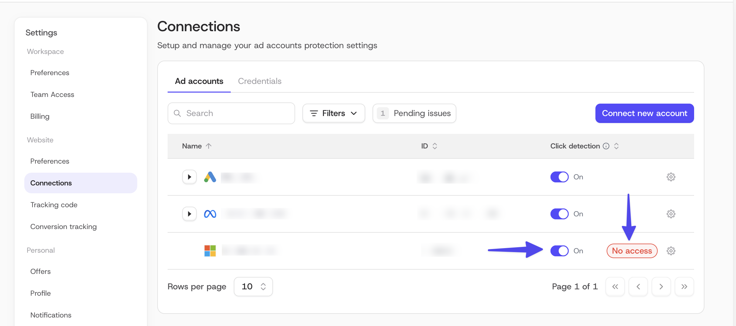 "No access" status tag on an ad account with "Click detection" toggled ON