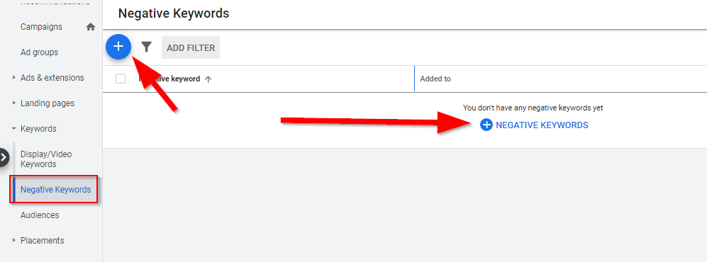 how to add negative keywords - step 2
