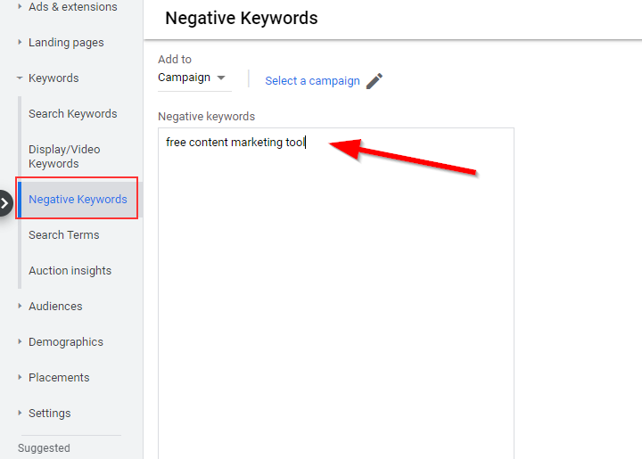 negative keywords tab