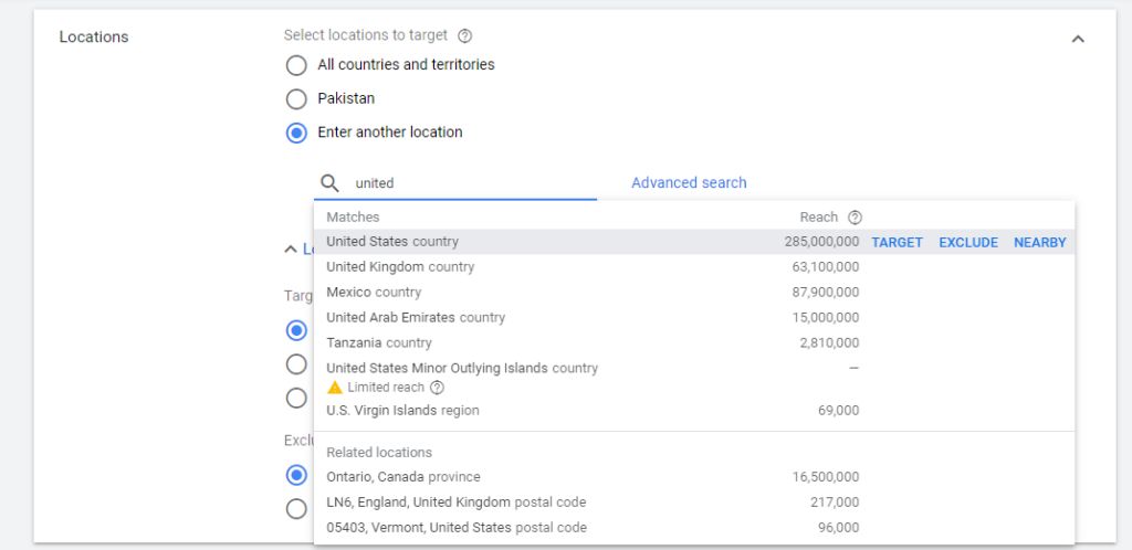 Google Ads Search location settings 
