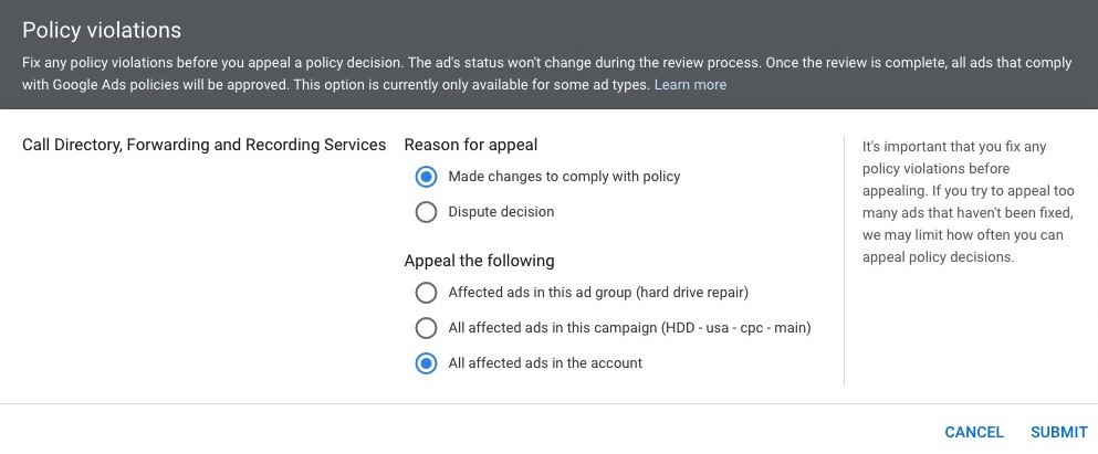 Google Ads disapprovals 2021 policy violations