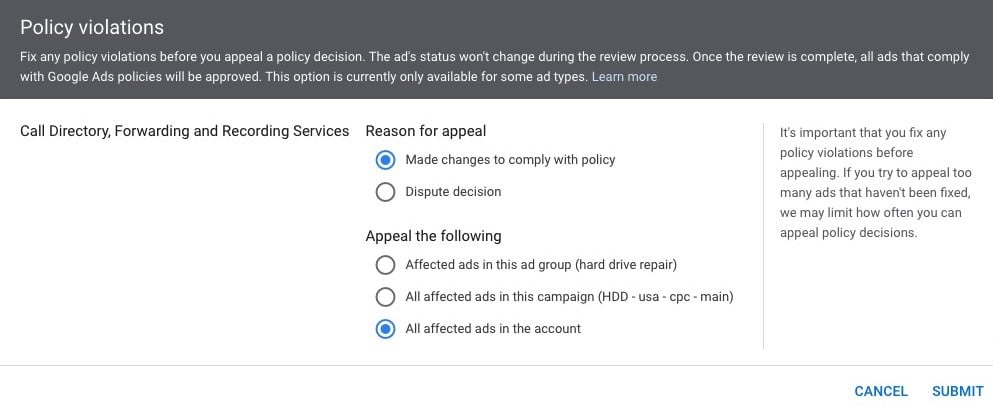 Google Ads disapprovals 2021 policy violations