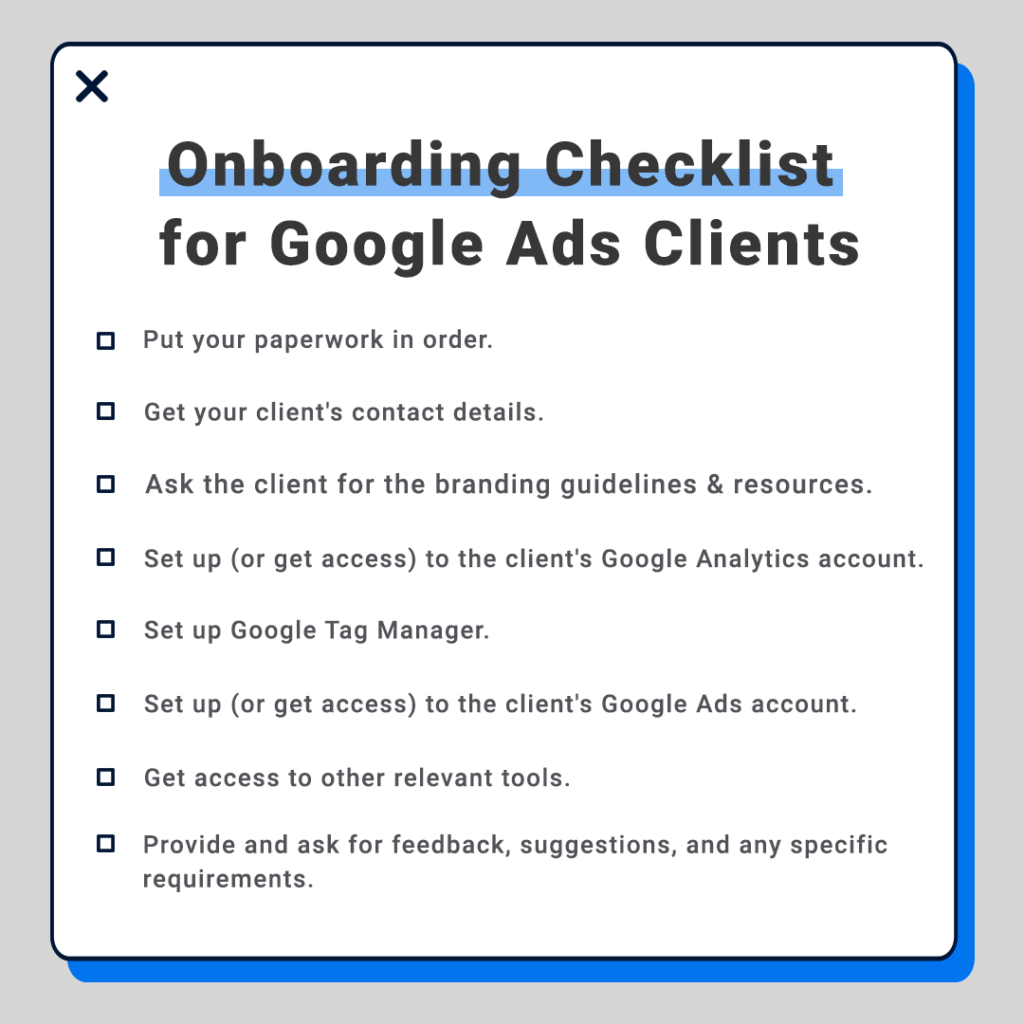 onboarding checklist for google ads clients