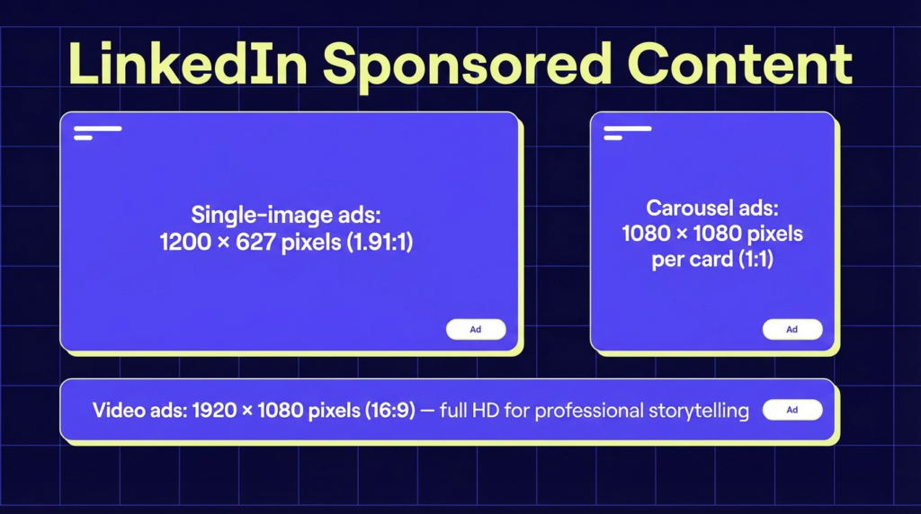 LinkedIn’s paid placements are built for professional audiences, so both image and video ads need to look sharp and polished. For LinkedIn, consistency matters because users scroll quickly through content feeds. 