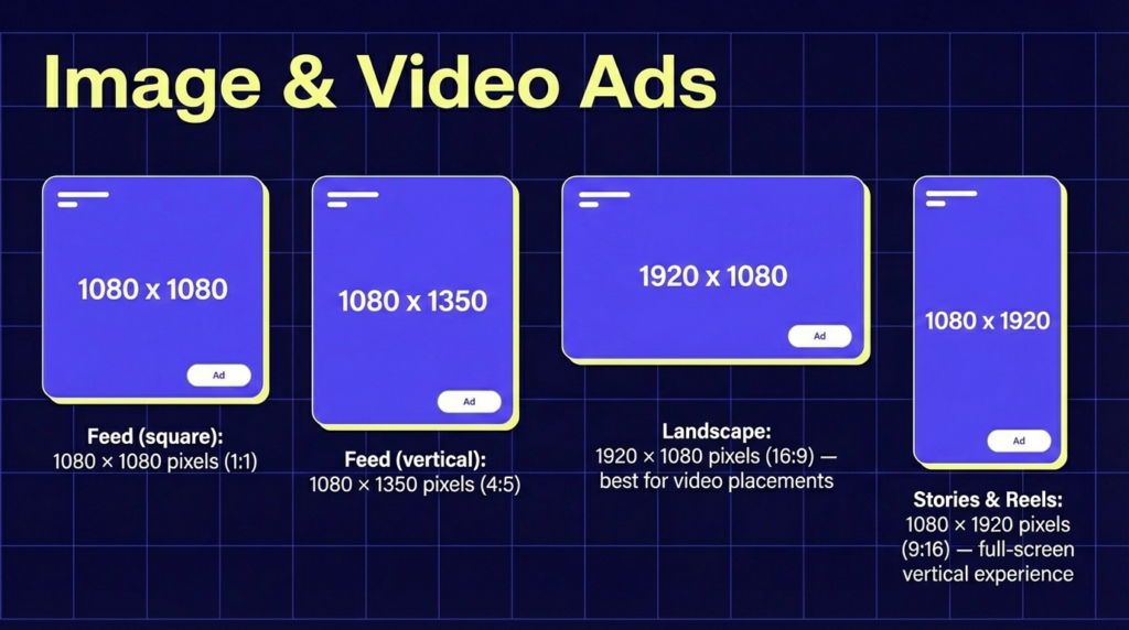 meta ads video and image standard sizes infographics 