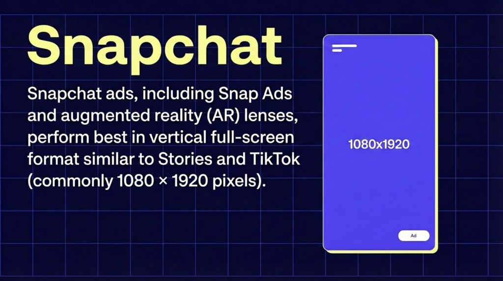 Snapchat ads, including Snap Ads and augmented reality (AR) lenses, perform best in vertical full-screen format similar to Stories and TikTok (commonly 1080 × 1920 pixels). 