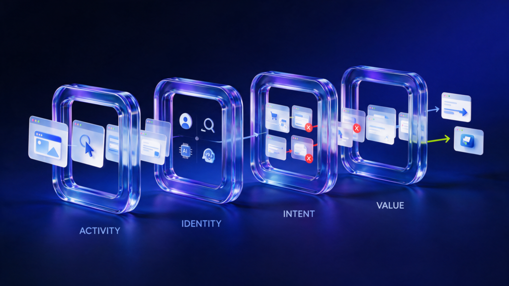 Traffic validation framework showing activity, identity, intent, and business value.